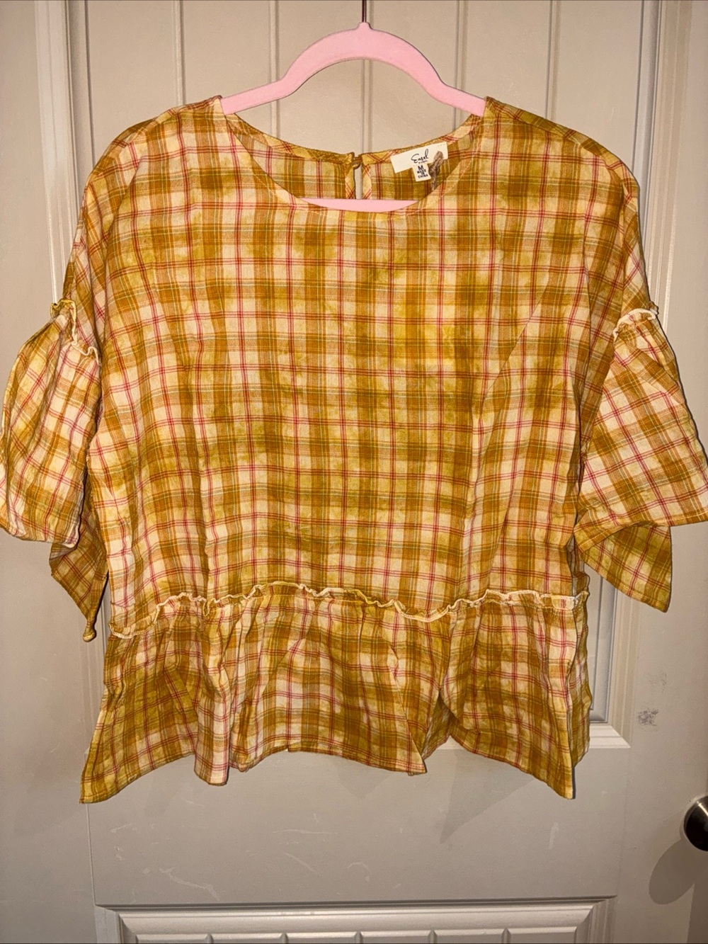 Plaid Peplum Tunic Top - Mustard & Pink